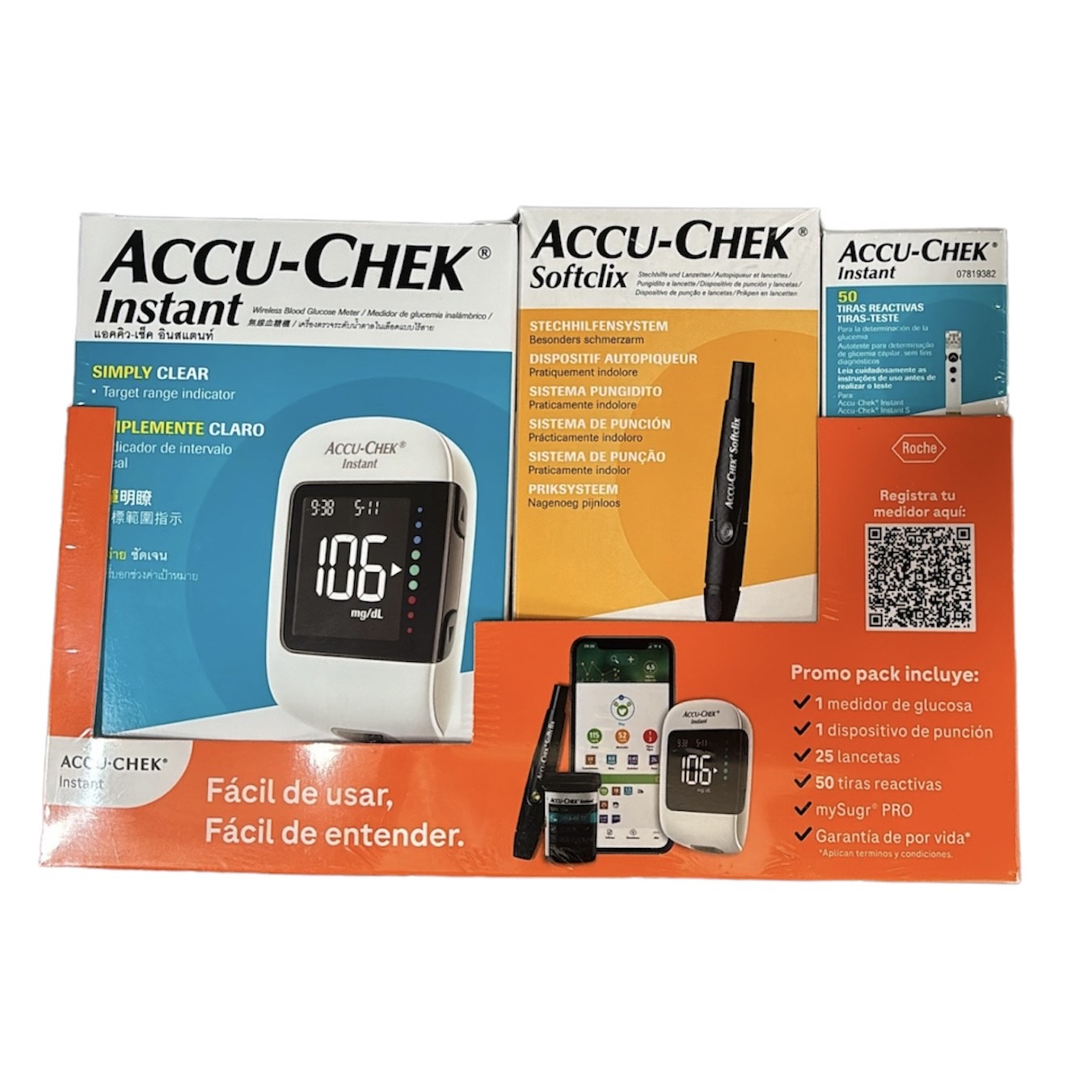 GLUCOMETRO ACCU-CHEK INSTANT + LANCETERO SOFTCLIX + 50 TIRAS