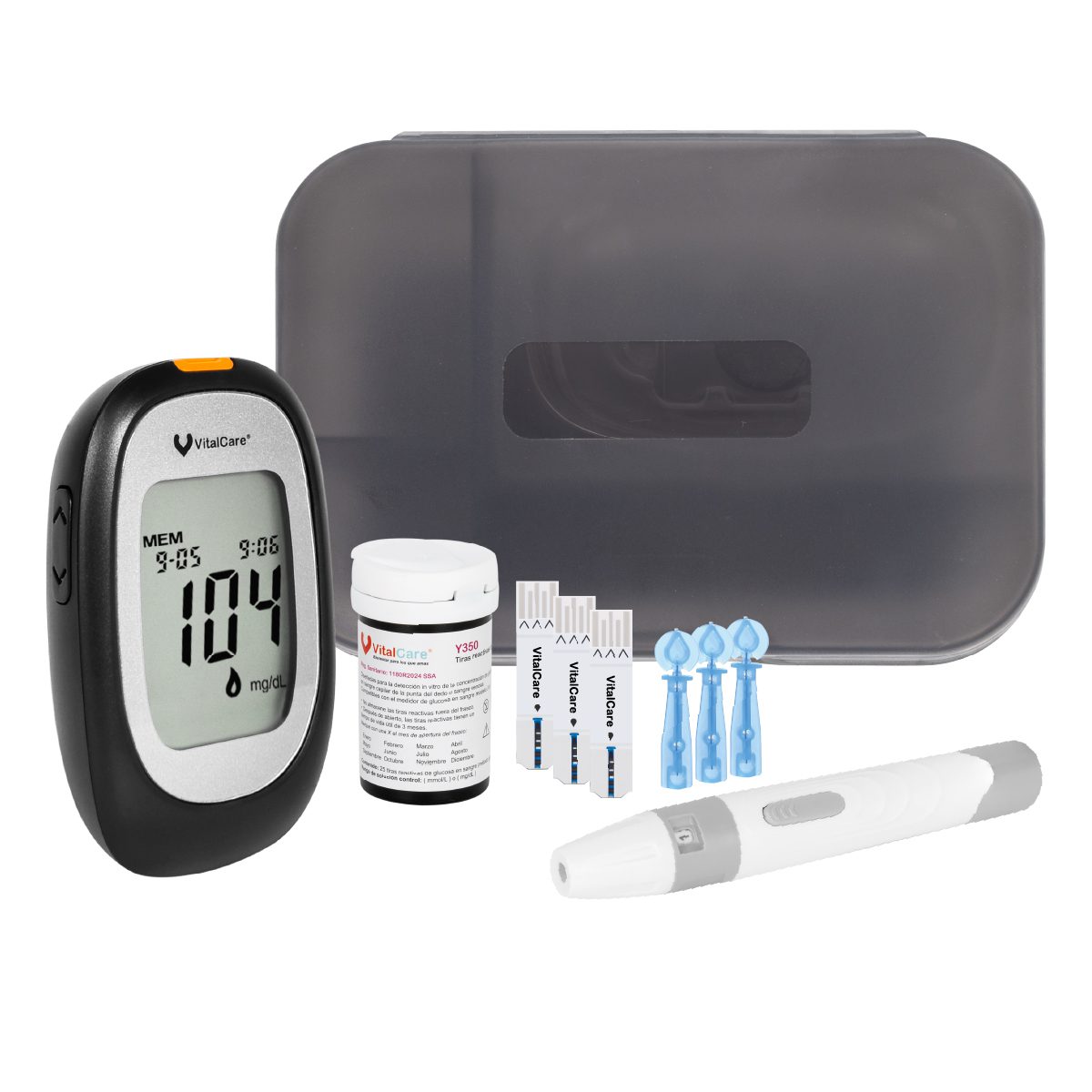 GLUCOMETRO VITALCARE + 50 TIRAS + 100 LANCETAS + LANCETERO